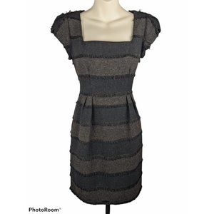Nanette Lepore Black Catch Me Fringed Dress 2 XS brown striped sheath s/s fringe